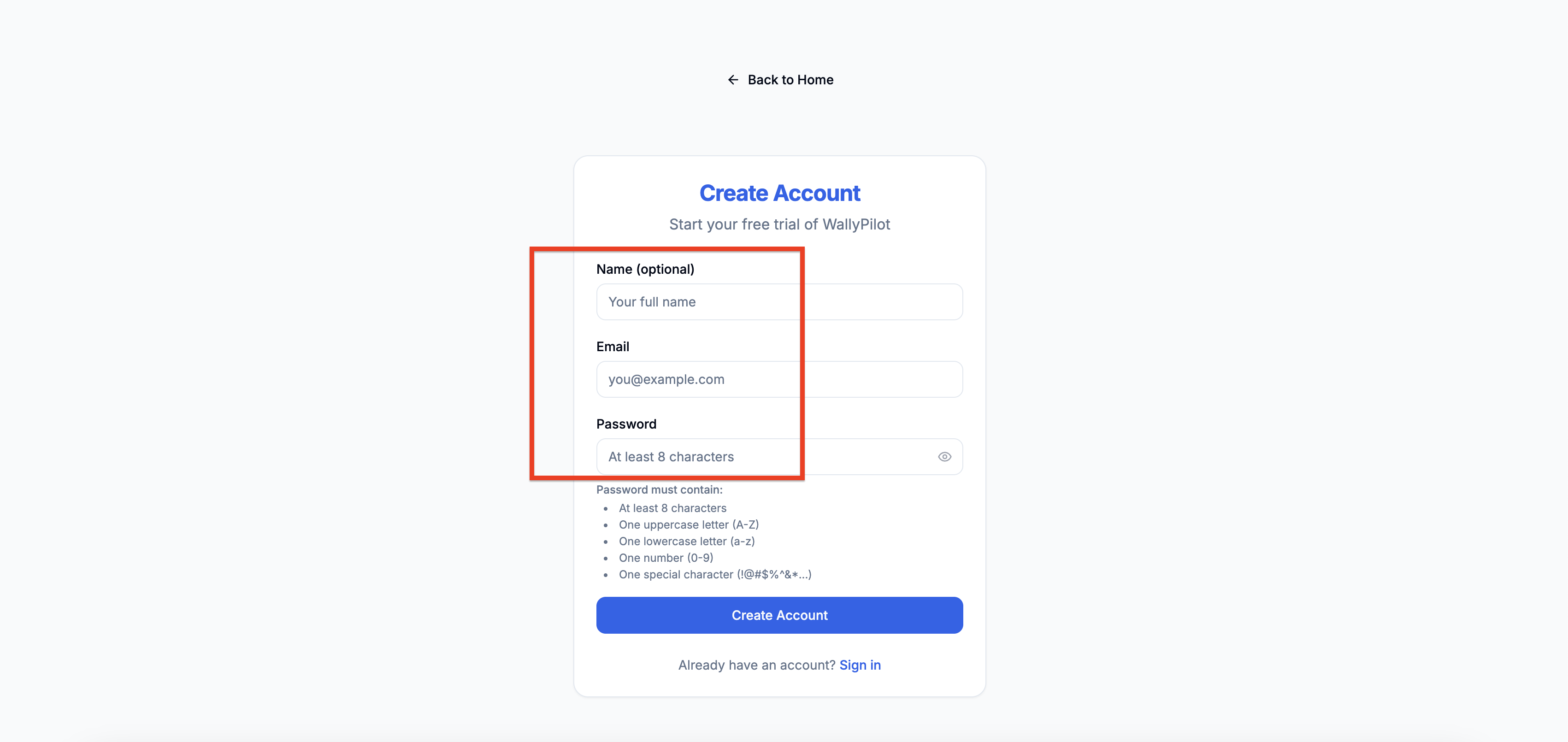 Signup form showing email and password fields