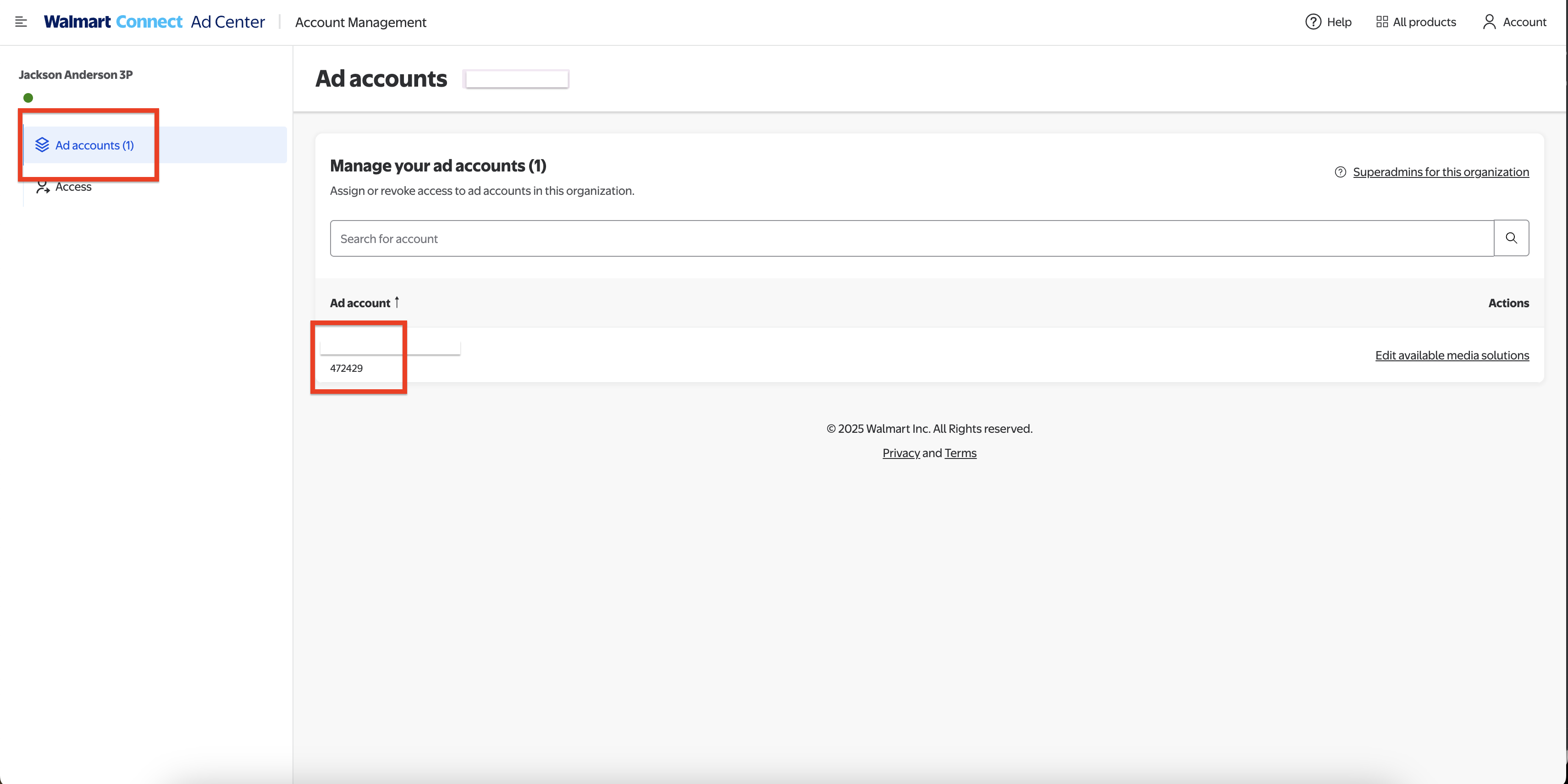 Walmart Ads account showing where to find your Account ID