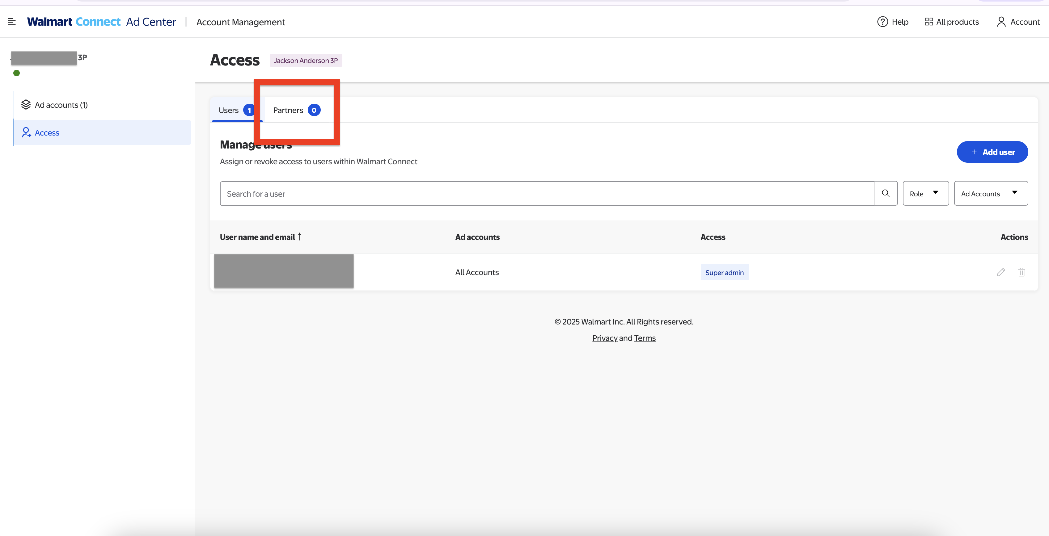 Partner section in Walmart Advertising Center profile settings
